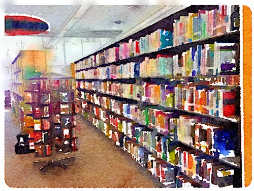 PB Library Book Stack; watercolor by Richard Busch