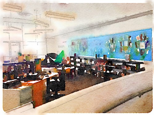 PB Library Children's Area; watercolor by Richard Busch