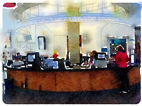 PB Library Circulation Desk; watercolor by Richard Busch